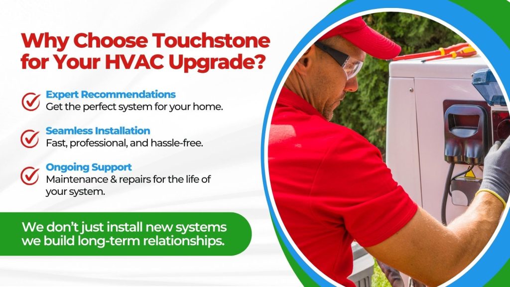 This is an image of an HVAC tech servicing an AC unit. The headline reads; Why choose touchstone for your HVAC upgrade?